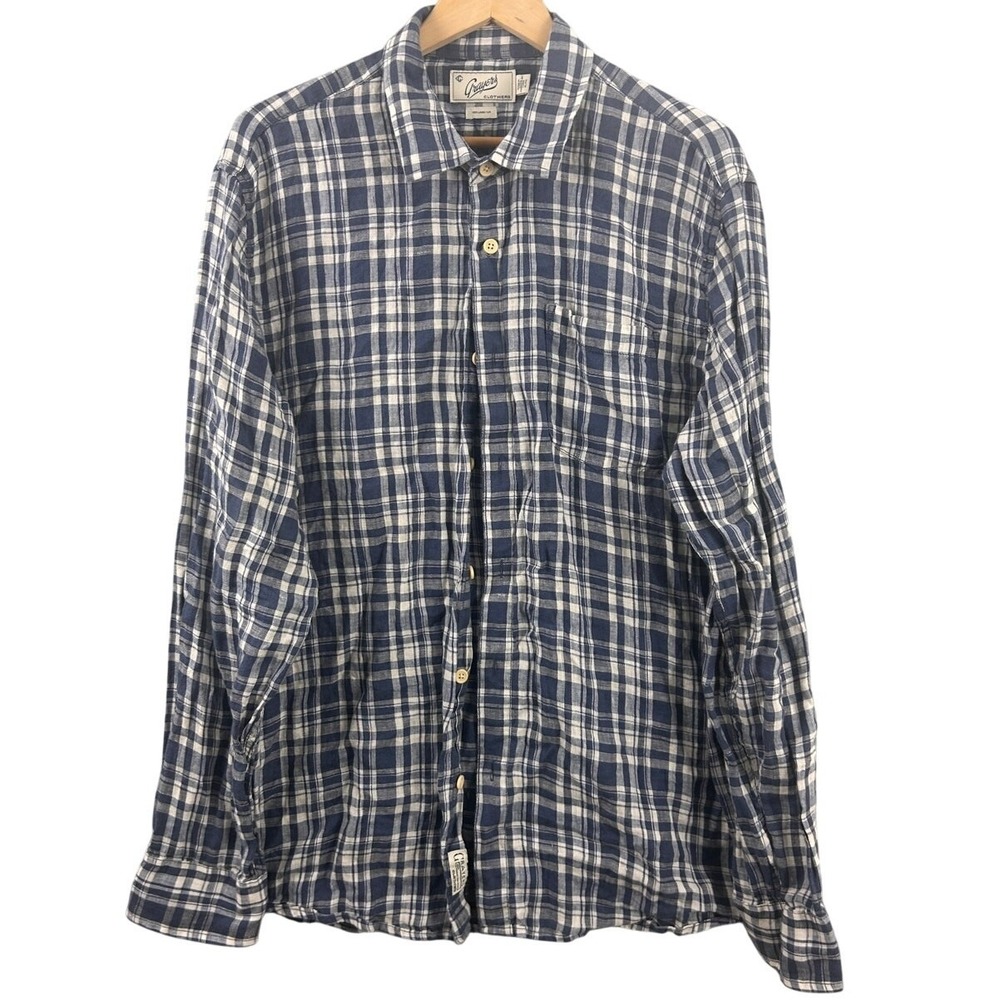 Grayers Clothiers Mens XL Blue White Plaid 100% Linen Long Sleeve Button Down